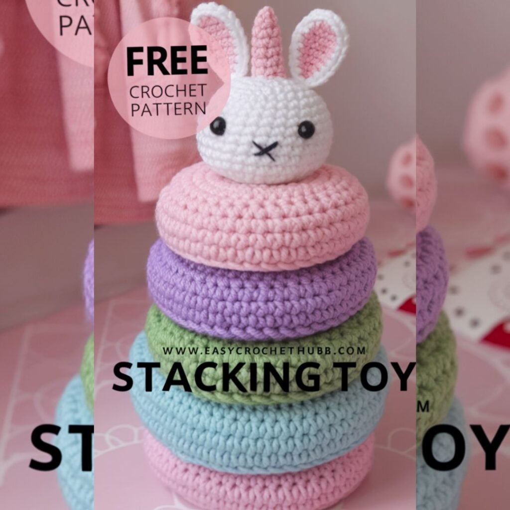 Colorful crochet stacking toy pattern with unicorn topper