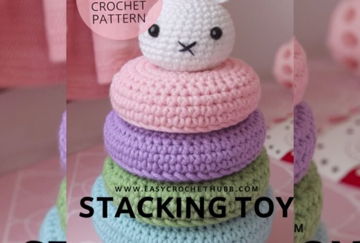 Colorful crochet stacking toy pattern with unicorn topper