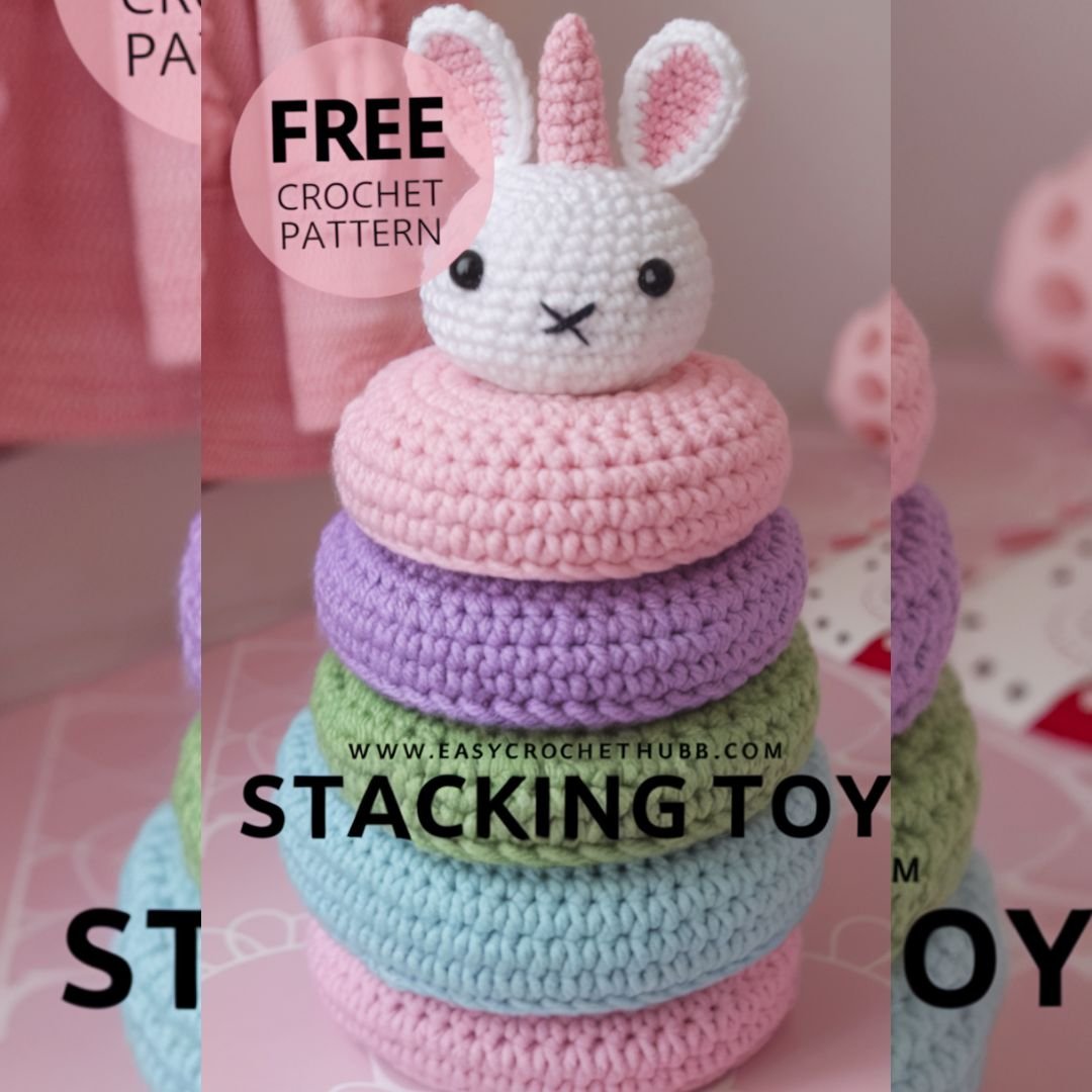 Colorful crochet stacking toy pattern with unicorn topper