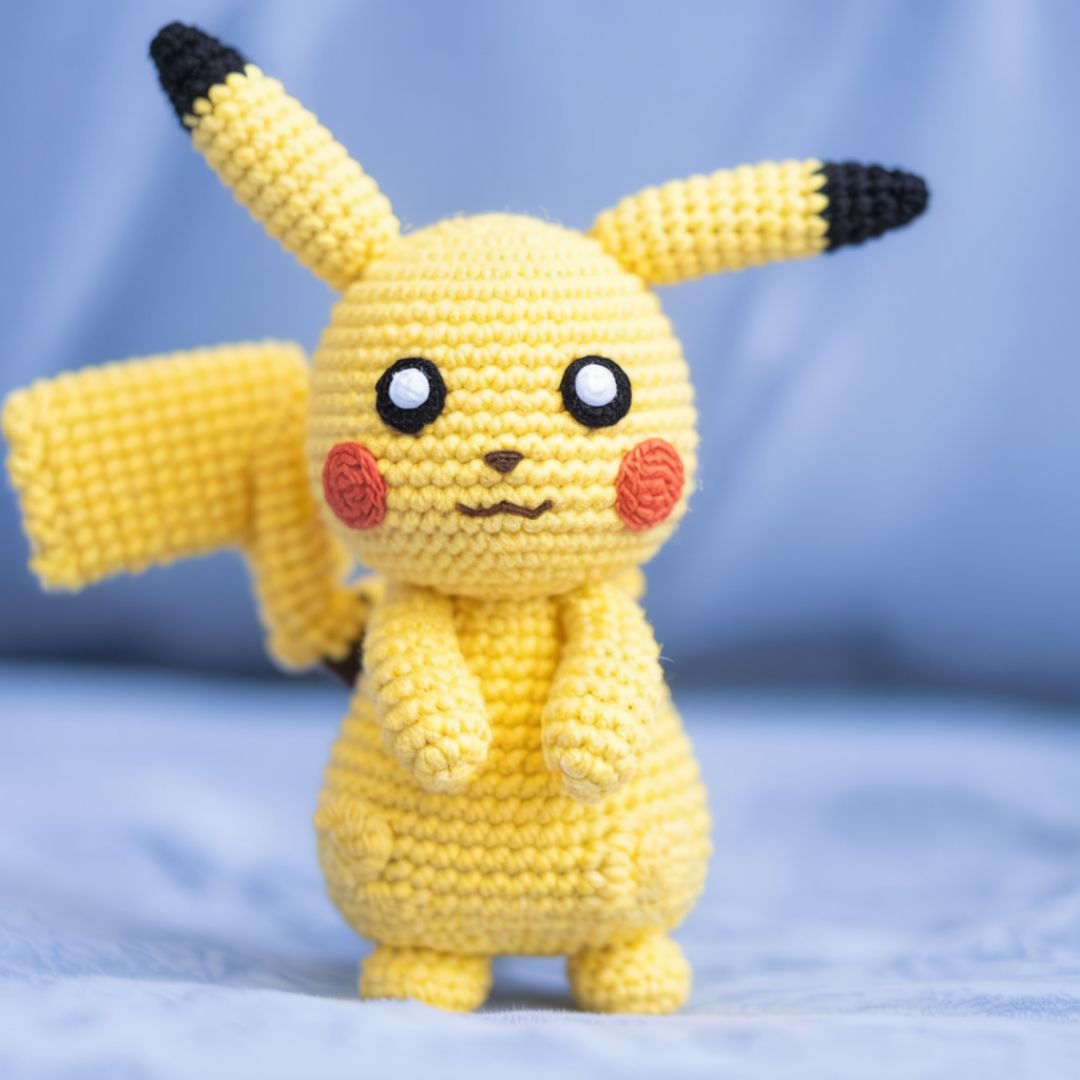 Handmade Pikachu Crochet Pattern plush with red cheeks and lightning tail