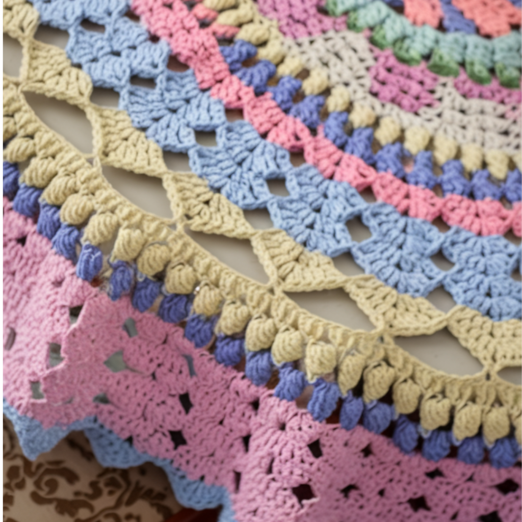 White vintage crochet round tablecloth with floral lace pattern displayed on a round table in a cozy living room

