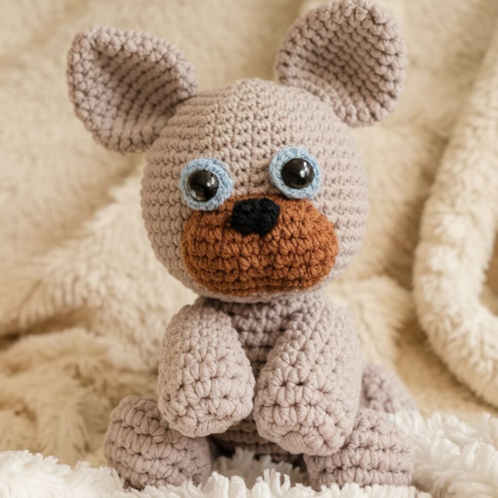 Handmade brown amigurumi dog with floppy ears, black nose, and safety eyes sitting on a table