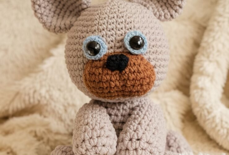 Handmade brown amigurumi dog with floppy ears, black nose, and safety eyes sitting on a table