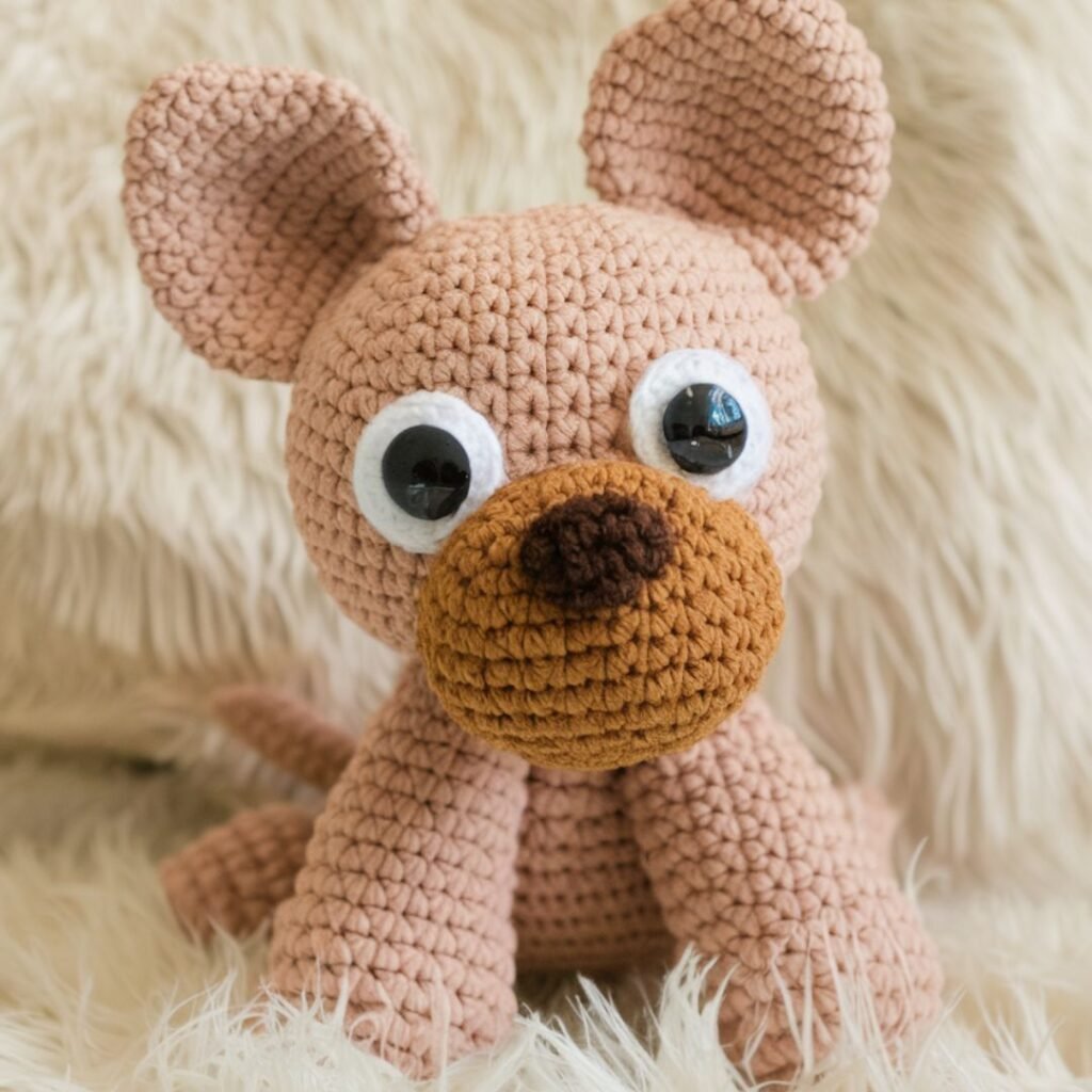 Crocheted white and beigeAmigurumi Dog Free Pattern with a tiny bow tie sitting in a child’s room